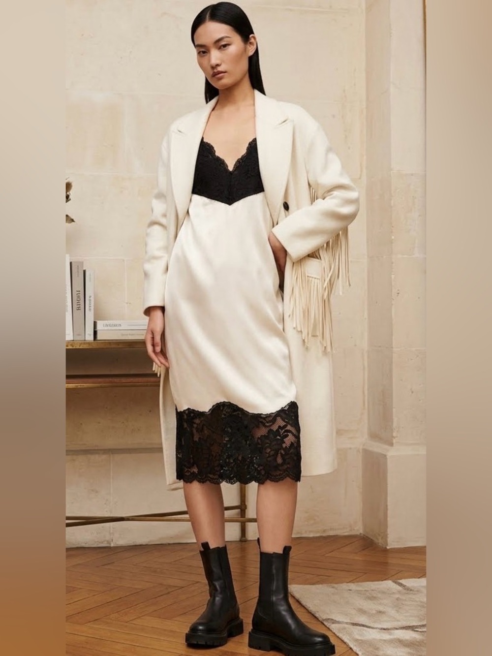 NWT ALL SAINTS Celeste Cream Satin Black Lace Boho Midi Shift Dress 10 MSRP $249